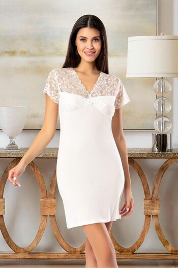 FAAL Lace Detailed Nightgown Dressing Gown Set Ecru 6020