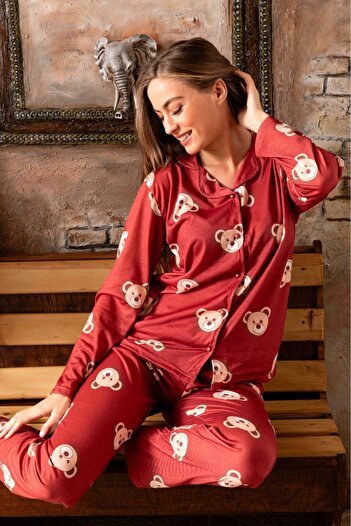 Sude HOMEWEAR Bear Patterned Combed Fabric Shirt Long Sleeve Pajama Set