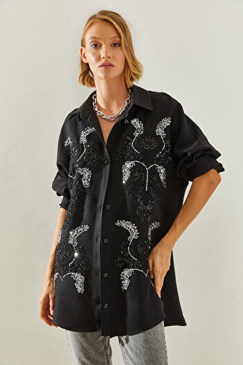 Bianco Lucci Patterned Embroidered Sequined Oversize Women's Shirt - 5932 60251476