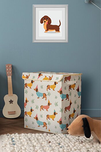 PH Prendi Home Sausage Dog - صندوق تخزين الألعاب والغسيل متعدد الأغراض مع غطاء، منظم قابل للطي 30x40x50