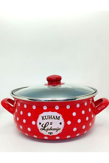 EBRULİEMAYE Red Polka Dot 3.5 Liter 24 cm Diameter Deep Enamel Pot Milk Yogurt Soup Spaghetti Pot
