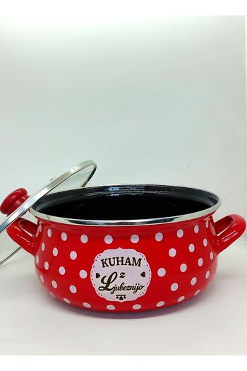 EBRULİEMAYE Red Polka Dot 3.5 Liter 24 cm Diameter Deep Enamel Pot Milk Yogurt Soup Spaghetti Pot