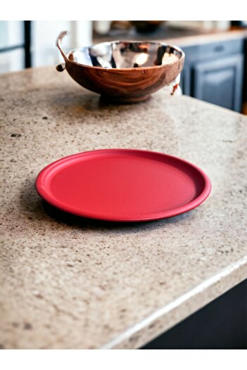 kitchen trend Single 37 Cm Red Metal Round Tea, Coffee, Cake, Serving Tray Decorative Presentation