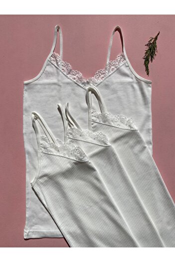 LEYNA BUTİK Women's 4 Pieces Ecru Thread Strap Cotton, Lycra, Lace, Corded Ribbed Blouse-Athlete