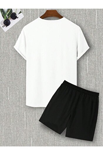 MODARİCH Slow Down White T-shirt Black Shorts Top Bottom Set Printed Oversize Crew Neck