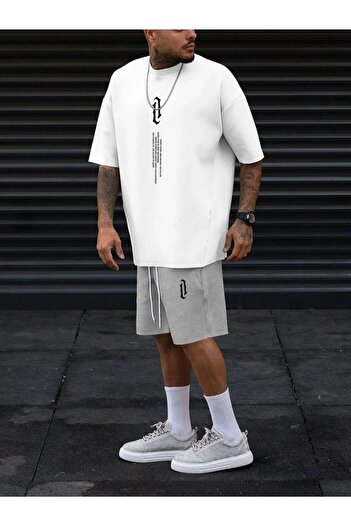 MODARİCH Vertical White T-shirt Gray Shorts - T-Shirt with Shorts Top and Bottom Set Printed Oversize Crew Neck