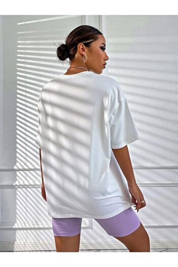 MODARİCH Brooklyn N.y 1898 White T-shirt Lilac Short Biker Tights - Tights Bottom Top Set Printed Oversize