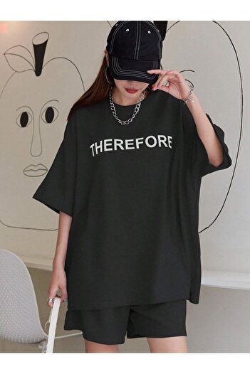 MODARİCH Επομένως T-Shirt Βαμβακερό σορτς - Μαύρο κάτω μέρος με στάμπα Oversize Crew Neck
