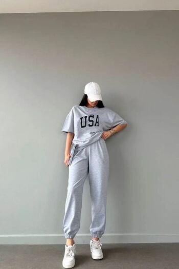 Mythologie USA T-shirt Sweatpants Jogger - Gray Printed Tracksuit Set Oversize Crew Neck
