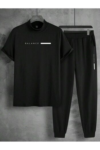 Mythologie Balance Çizgi T-shirt Eşofman Altı - Siyah Jogger Tişört Alt Üst Takım Oversize Bisiklet Yaka