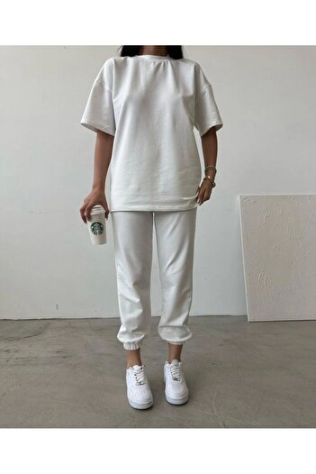 Mythologie Basic Plain T-shirt Sweatpants Jogger - White Tracksuit Set Oversize Crew Neck