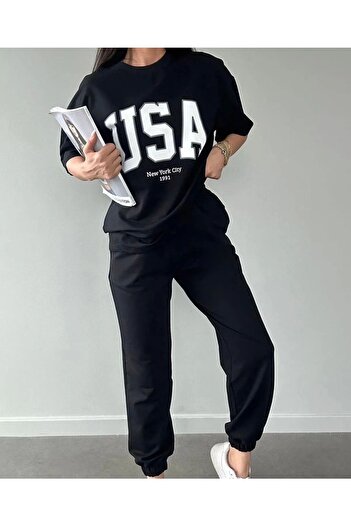 Mythologie Usa T-shirt Eşofman Altı Jogger - Siyah Baskılı Eşofman Takımı Oversize Bisiklet Yaka