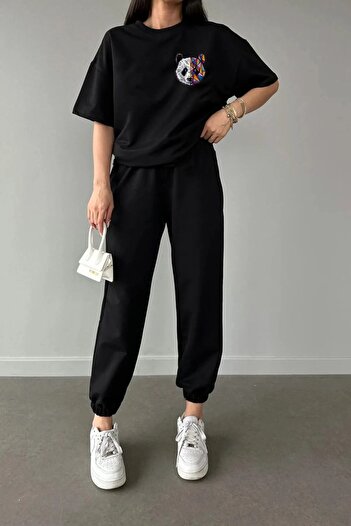 Mythologie Panda Logo T-shirt Sweatpants Jogger - Black Printed Tracksuit Set Oversize Crew Neck
