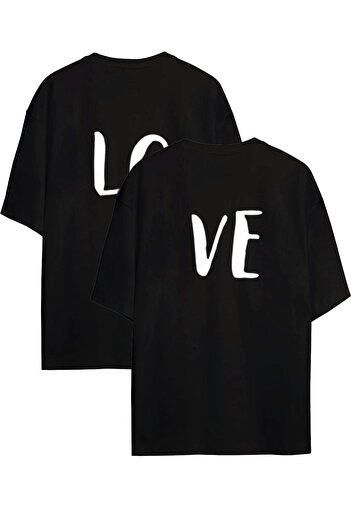 Mythologie Love 2'li Çift Sevgili Kombini T-Shirt - Siyah Baskılı Oversize Bisiklet Yaka Kısa Kol