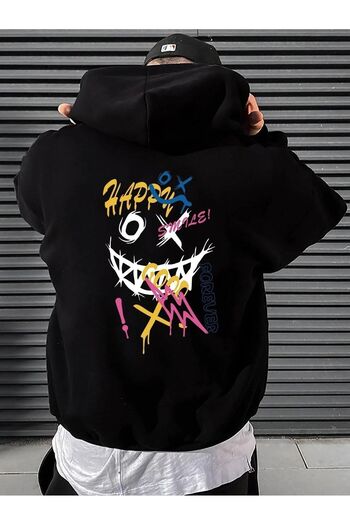 MODARİCH Happy Smile For Sweatshirt - Black Printed Oversize Ribbed Hoodie