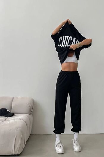 Mythologie Chicago  T-shirt Eşofman Altı Jogger - Siyah Baskılı Eşofman Takımı Oversize Bisiklet Yaka