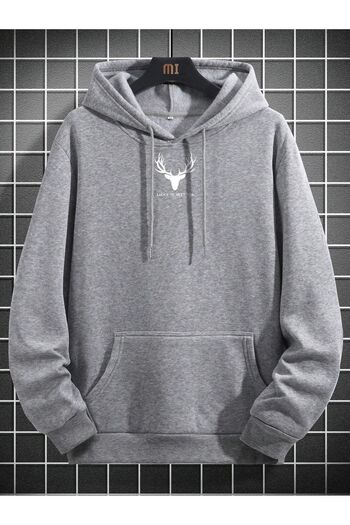 MODARİCH Geyik Logo Sweatshirt - Gray Printed Oversize Ribbon Hoodie