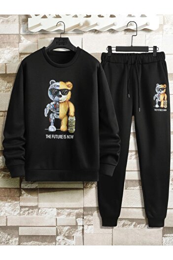 MODARİCH The Future Is Now Black Jogger Black Sweatshirt Bottom Top Tracksuit Set Oversize Crew Neck