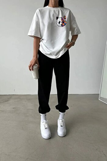 Mythologie Panda Logo T-shirt Sweatpants Jogger - Λευκό μαύρο εμπριμέ σετ φόρμας Oversize Crew Neck