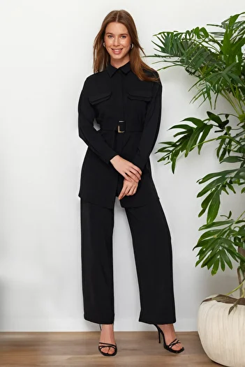 Trendyol Modest Černá tkaná horní a spodní sada TCTSS24US00061