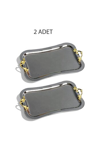 EVSTYLE İKİLİ DİKDÖRTGEN TEPSİ KAVİSLİ KENAR - GÜMÜŞ