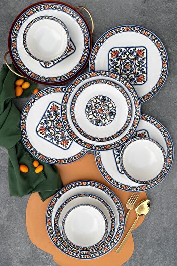 porselenden Verde 24 Parça 6 Kişilik Özel Tasarım Dokulu Mavi Desenli Premium Porselen Yemek Takımı