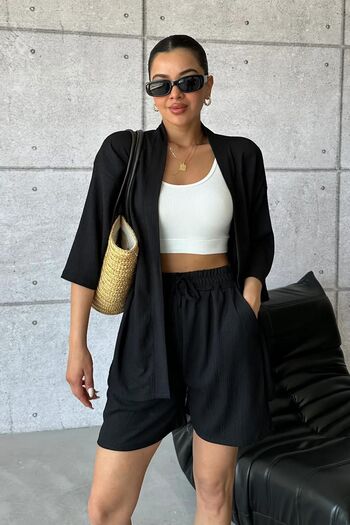 trendalisse Black Kimono and Shirt Shorts Set - Women