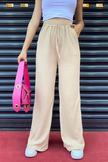 trendalisse Women's Stone Elastic Waist Pocket Wide Leg Seasonal Trousers
