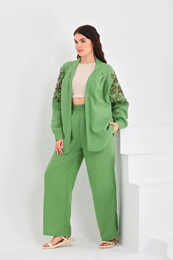Miss Allos Linen Kimono Jacket and Trousers Set - Sequin Embroidered on the Back and Sleeves