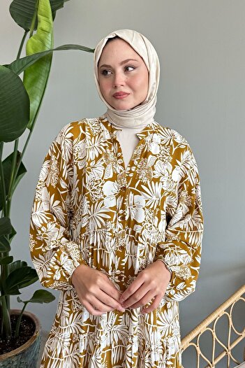 InStyle Λαδί Πράσινη Βισκόζη - Τροπικό Φόρεμα με μπαλόνι μανίκι