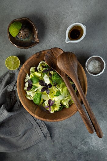 Demy Craft Walnut Wood Handmade 2 Piece Salad Serving Set, Wooden Spoon and Fork, 30 Cm.