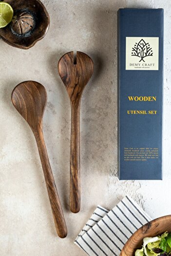 Demy Craft Walnut Wood Handmade 2 Piece Salad Serving Set, Wooden Spoon and Fork, 30 Cm.