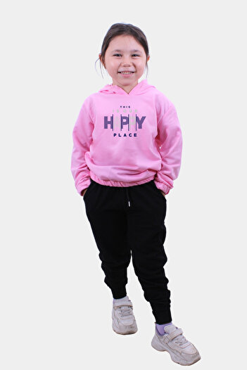 panios kids Happy Place Baskılı Kız Çocuk Kapüşonlu Pembe Eşofman Takımı