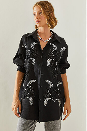 Bianco Lucci Patterned Embroidered Sequined Oversize Women's Shirt - 5932 60251476