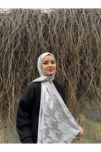 shalby Hijab Silky Cotton Jacquard Large Houndstooth Patterned Shawl Silver
