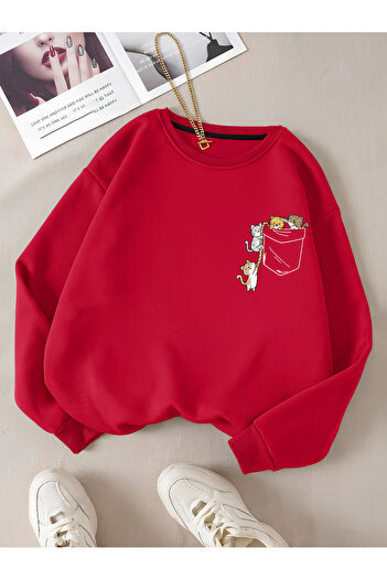 Revasser Colorful Cat Special Printed Oversize Women's Sweatshirt - Crew Neck