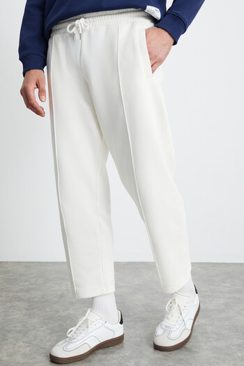 GRIMELANGE Walfred Men's 100% Organic Cotton 3 Thread Ribbed Free Front Ribbed Ecru Sweatpants