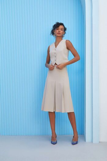 G-Line Stone Colored Wide Pleated Knee Length A-line Woven Skirt