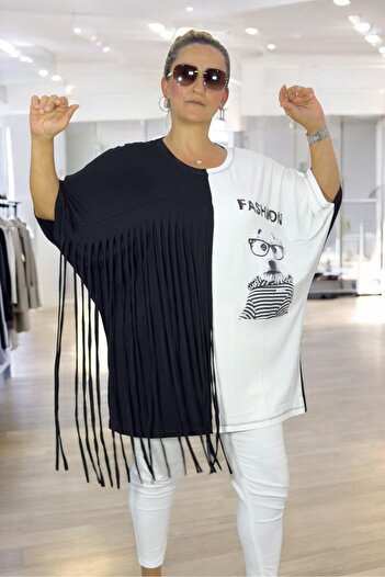 yagmurberen Tassel Detail Bat Wing Asymmetric Cut Large Size Bluz Tunic Tee