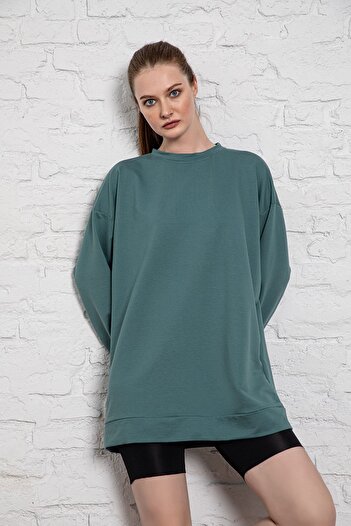 MyBen Unisex Uzun Kollu Iki Iplik Yaprak Yeşili Oversize Sweatshirt Irf060