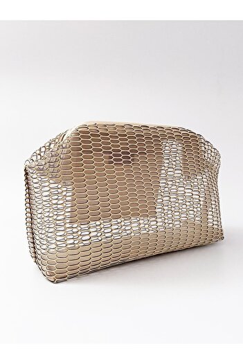 HEYBE'S Women's Beige Honeycomb Patterned Transparent Clutch Handbag