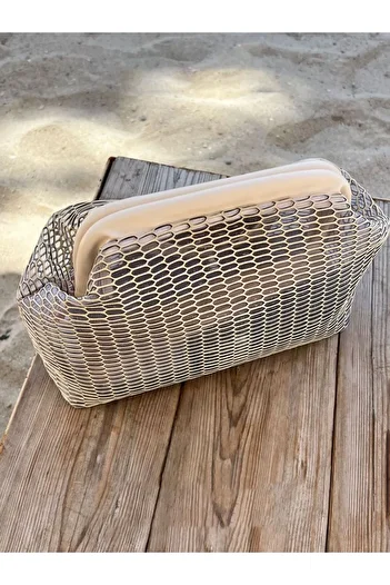 HEYBE'S Women's Beige Honeycomb Patterned Transparent Clutch Handbag