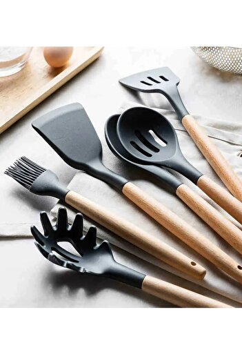 safestore 12 Pieces Wooden Handle Silicone Kitchen Pastry Silicone Ladle Beater Brush Colander Spoon Holder Tongs Spatula Set