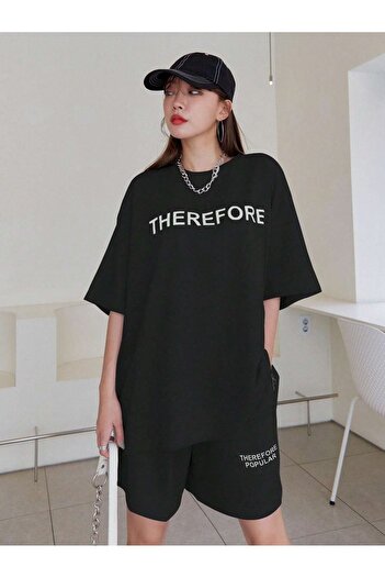 MODARİCH Επομένως T-Shirt Βαμβακερό σορτς - Μαύρο κάτω μέρος με στάμπα Oversize Crew Neck