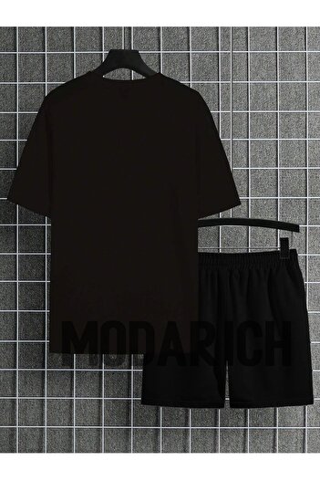 MODARİCH Lucky Deer Horn T-Shirt Shorts - Black Shorts T-Shirt Bottom Top Set Printed Crew Neck