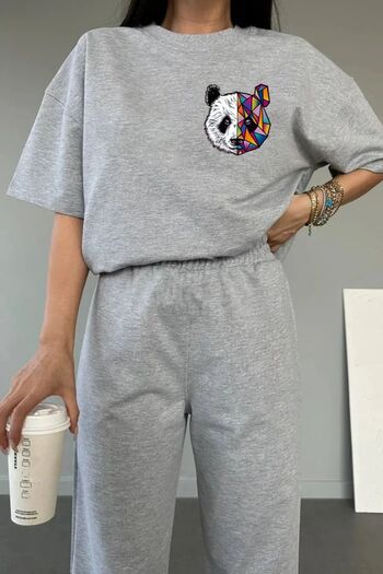 Mythologie Panda Logo T-shirt Sweatpants Jogger - Gray Printed Tracksuit Set Oversize Crew Neck