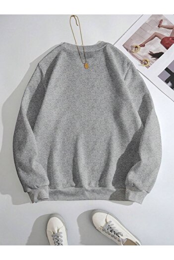 MODARİCH Beauty Striped Heart Winter Thick Sweatshirt - Gray Printed Oversize Ribbed Crew Neck