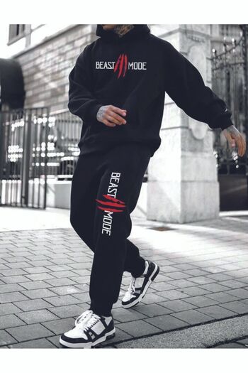 MODARİCH Sweatshirt Sweatpants Jogger - Black Printed Bottom Top Sweatpants Set Hooded