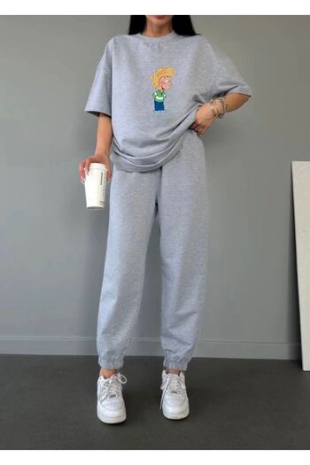 Mythologie Cedric T-shirt Sweatpants Jogger - Gray Printed Tracksuit Set Oversize Crew Neck