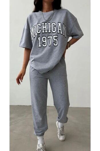 Mythologie Michigan 1975 T-shirt Sweatpants Jogger - Gray Printed Tracksuit Set Oversize Crew Neck